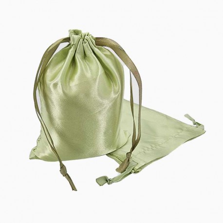 10 grands sacs bourse en satin vert amande liens coulissants 14x20cm-13353