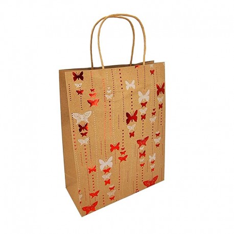 12 petits sacs kraft brun motif papillons rouge 12x7x17cm-14341