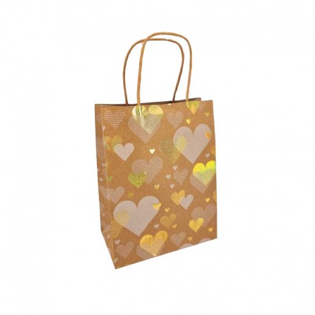 12 petits sacs kraft brun motif cœurs dorés 12x7x17cm