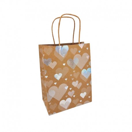 12 petits sacs kraft brun motif cœurs argentés 12x7x17cm-14361