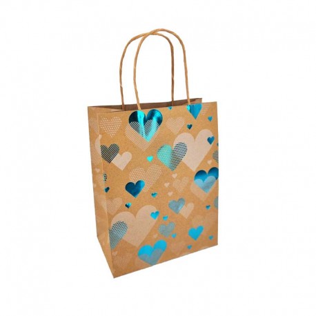 12 petits sacs kraft brun motif cœurs bleus 12x7x17cm-14363