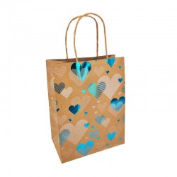 12 sacs kraft brun motif cœurs bleu brillant 18x10x23cm-14367
