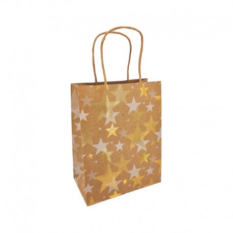12 petits sacs kraft brun motif étoiles doré 12x7x17cm