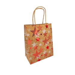 12 petits sacs kraft brun motif étoiles rouge 12x7x17cm