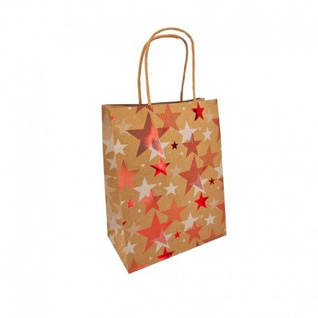 12 petits sacs kraft brun motif étoiles rouge 12x7x17cm