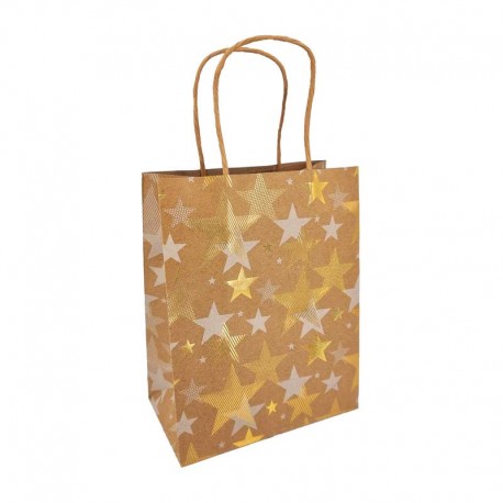 12 sacs kraft brun motif étoiles doré brillant 18x10x23cm-14376