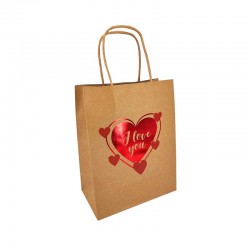 12 petits sacs kraft brun motif cœur rouge brillant "I Love you" 12x7x17cm