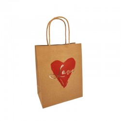 12 petits sacs kraft brun motif cœur rouge "Love" 12x7x17cm