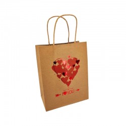 12 petits sacs kraft brun motif cœur rouge brillant "I ♥ you" 12x7x17cm