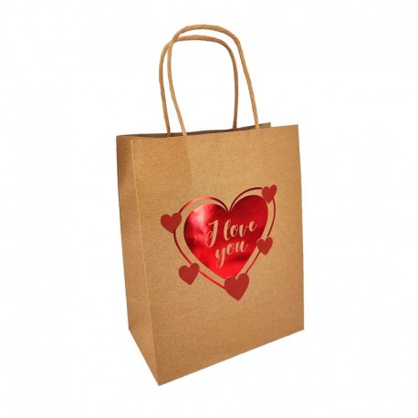 12 sacs kraft brun motif cœur rouge brillant "I love you" 18x10x23cm