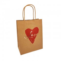 12 sacs kraft brun motif cœur rouge "Love" 18x10x23cm