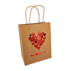 12 sacs kraft brun motif cœurs rouge "I ♥ you" 18x10x23cm