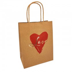 12 grands sacs kraft naturel motif cœur rouge "Love" 24.5x10.5x31cm