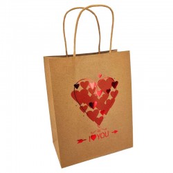 12 grands sacs kraft naturel motif cœurs rouge brillant "I♥you" 24.5x10.5x31cm