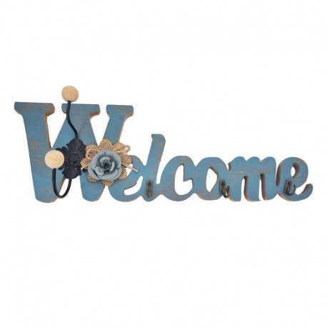 Patère murale à clés lettrage "Welcome" aspect bois bleue