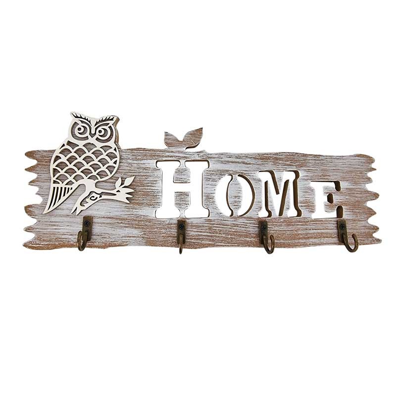 Porte-clés mural lettrage Home aspect bois clair blanchi motif hibou