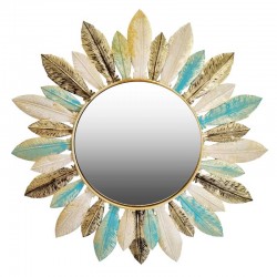 Miroir rond en métal doré décoration plumes colorées