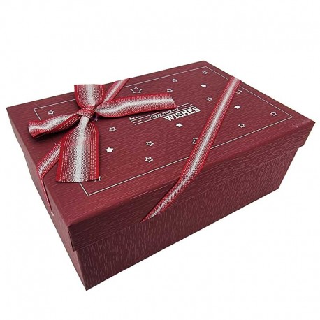 Boîte cadeaux bordeaux motif étoiles avec nœud ruban 23x16x9cm