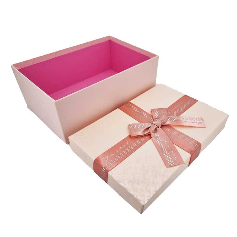 Boîte Cadeau Vide Rose Avec Couvercle – 25x18x8,5 Cm – Inclut Ruban, Carte Et Raphia