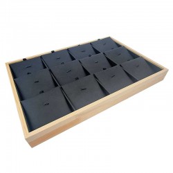 Plateau de présentation en bois et simili cuir noir 12 chaînes et pendentifs