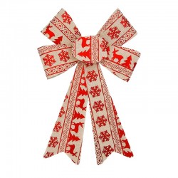 Gros nœud cadeaux motif rennes de Noël rouge brillant