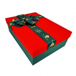 Grand coffret cadeaux vert sapin et rouge nœud vert satiné 29x21x9cm
