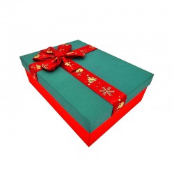 Coffret cadeaux bicolore rouge et vert sapin nœud rouge satiné 23x17x7cm