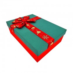 Boîte cadeaux bicolore rouge et vert sapin nœud rouge satiné 26x19x8cm