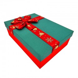 Grand coffret cadeaux rouge et vert sapin nœud rouge satiné 29x21x9cm