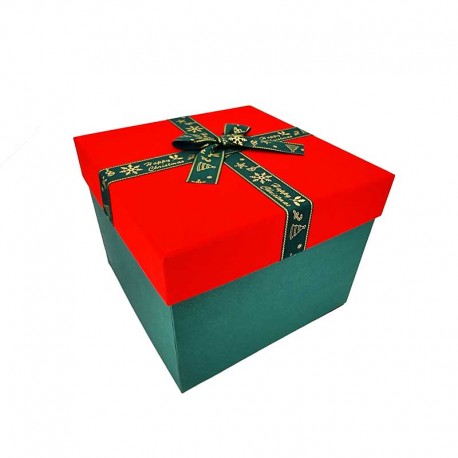 Boîte cadeaux de Noël vert sapin et rouge nœud vert 19x19x14cm