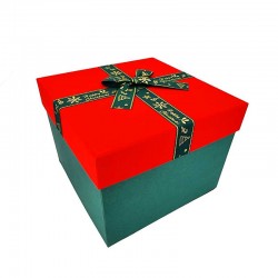 Coffret cadeaux de Noël vert sapin et rouge nœud vert 21x21x16cm