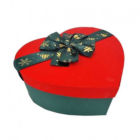 Boîte en forme de cœur vert sapin et rouge nœud vert 25x28x11cm