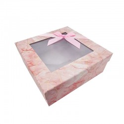 Boîte cadeaux carrée à fenêtre rose dragée marbré 20x20x8cm