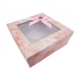 Grande boîte cadeaux carrée à fenêtre rose dragée marbré 23x23x9cm