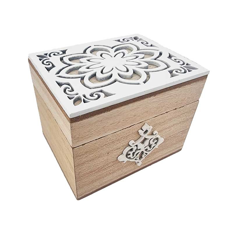 Petite boîte bijoux de rangement bois motif fleur blanche en relief