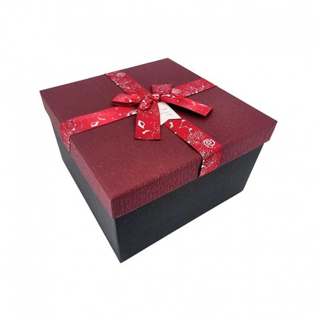 Boîte cadeaux carrée de couleur noire et rouge bordeaux et nœud cadeaux 20x20x12cm