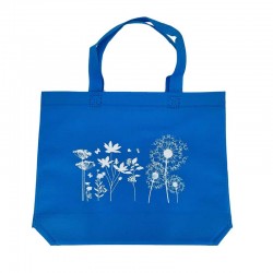 12 petits sacs cabas intissés bleus motifs fleurs avec soufflet 30+10x26cm - 15091
