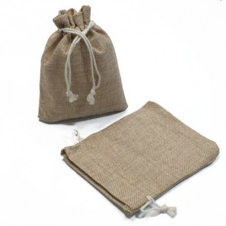 10 sacs cadeaux refermable en toile de jute brun clair 13x10cm
