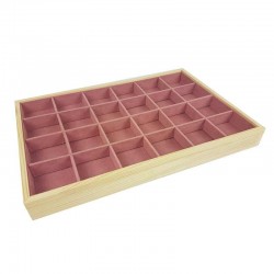 Lot de 5 plateaux gemmologie à petits casiers en bois et suédine rose