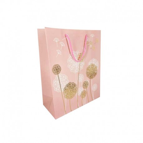 12 sacs pelliculés rose pastel à motif de pissenlits blanc et doré 18x10x23cm - 12325