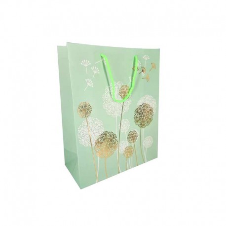 12 sacs pelliculés vert pastel à motif de pissenlits blanc et doré 18x10x23cm - 12327