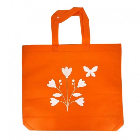12 sacs cabas intissés oranges motifs fleurs avec soufflet 36+10x32cm - 15097
