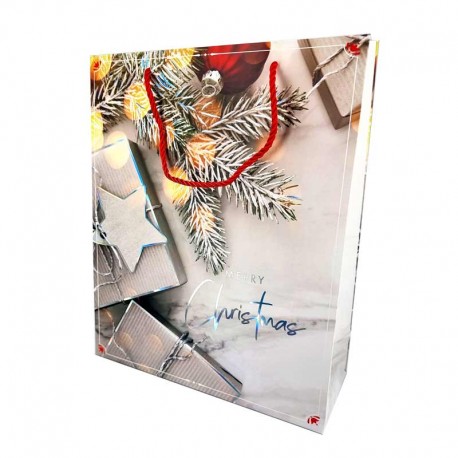 12 grands sacs cadeaux de noël en carton pelliculé blanc 30x12x41.5cm - 12352