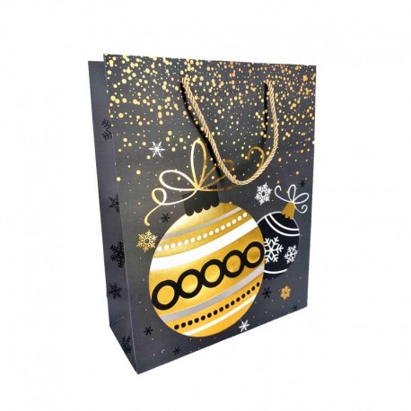 12 sacs cadeaux de noël gris acier motif boule de noël dorée 26x10x32cm - 12362