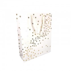 12 petits sacs papier luxe blancs à motif doré d'étoiles 18x10x23cm