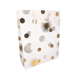 12 sacs papier luxe blancs à motif doré de points 26x10x32cm