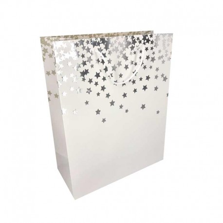 12 sacs cadeaux luxe blancs à motif d'étoiles argentées 26x12x32cm