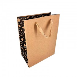 12 sacs en kraft brun avec soufflet noir décor étoiles 18x10x23cm