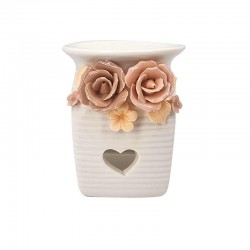 Petit photophore brûle parfum en céramique blanc motif de roses