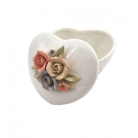Petite boîte à bijoux céramique en forme de cœur et roses en relief